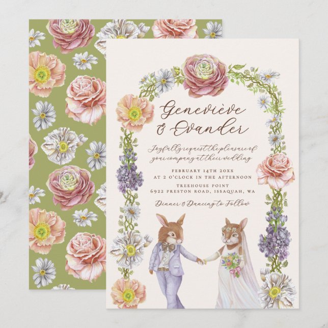 Green Boho Bunny Rabbit Liebe Wasserfarbenhochzeit Einladung (Vorne/Hinten)