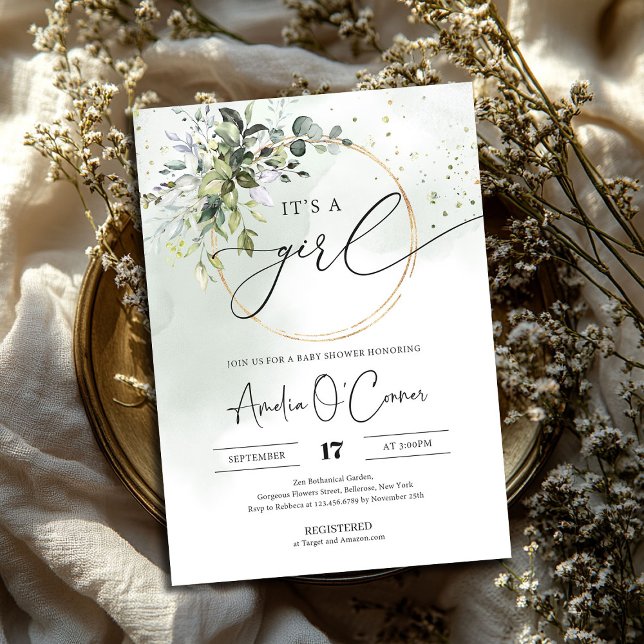Green Boho C'est une fille Baby shower Invitation (Greenery Boho It's A Girl Baby Shower Invitation with modern callygraphy script font)