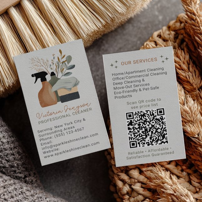 Green Boho Cleaning Service Maid QR Code Visitenkarte (Green Boho Cleaning Service Maid QR Code Business Card)