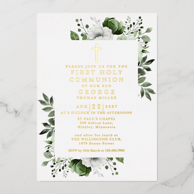 Green Boho Floral First Heilige Kommunion Gold Folieneinladung (Vorderseite)