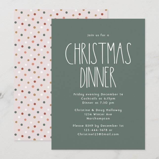 Green Boho Polka Dot Weihnachtsessen Einladung (Vorne/Hinten)
