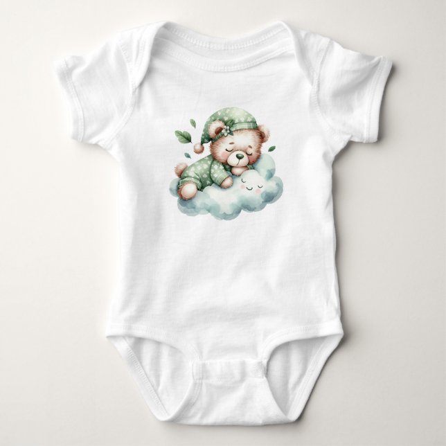 Green Boho Schlafen Teddy Bär Niedlich Elegant Baby Strampler (Vorderseite)