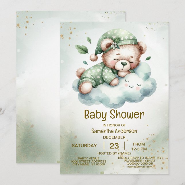 Green Boho Schlafteddy Bear Niedlich Babydusche Einladung (Vorne/Hinten)