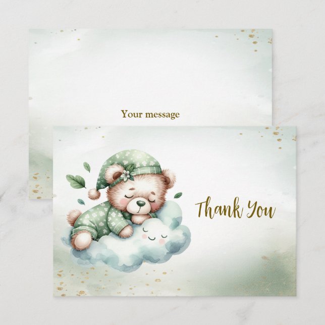 Green Boho Sleeping Teddy Bear Niedliches Party Dankeskarte (Vorne/Hinten)