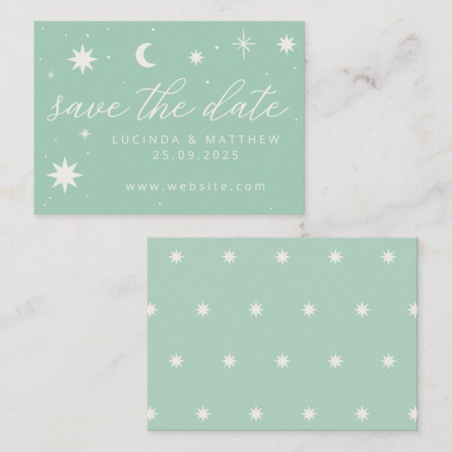 Green Boho Starry Wedding Save the Date Card Mitteilungskarte (Vorne/Hinten)