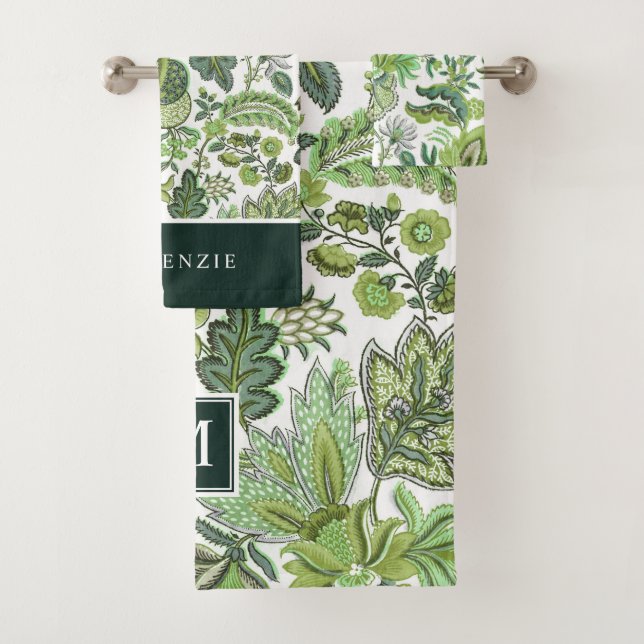 Green Boho Vintag Floral Monogram Badhandtuch Set (Insitu)