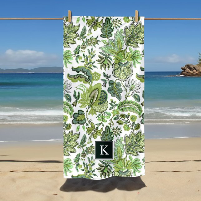 Green Boho Vintag Floral Monogram Strandtuch (Von Creator hochgeladen)