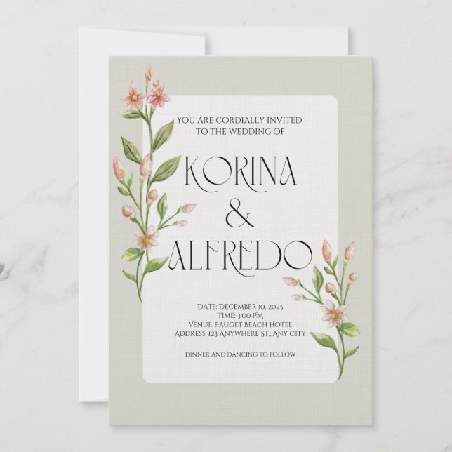 Green Boho Watercolor Botanical Wedding Invitation (Devant)