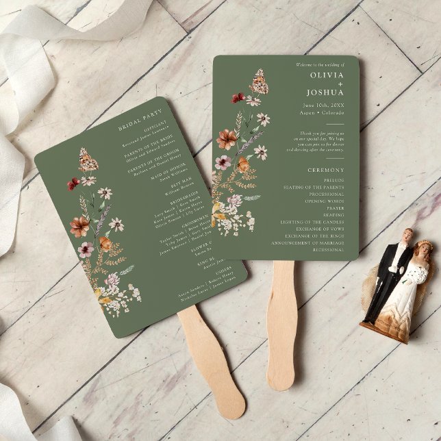 Green Boho Wedding Program Fächer (Floral Sage Green Boho Wedding Program Hand Fan with Butterfly by Painted Paperie
)