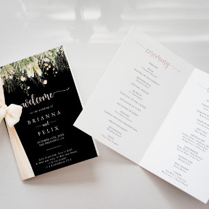 Green Boho Wildblume Black Folded Wedding Programm