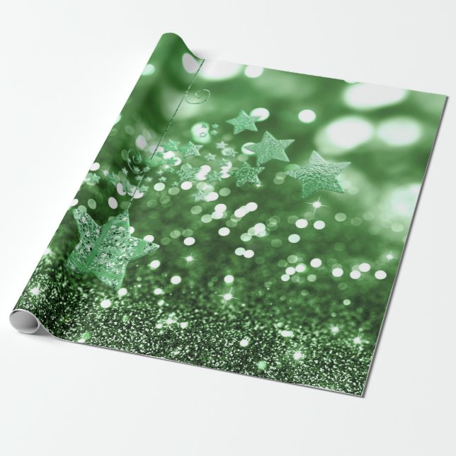 Green Bokeh Imitats Glitzer & Stars Geschenkpapier (Ungerollt)