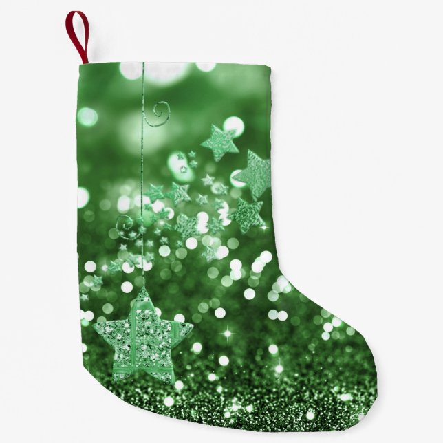 Green Bokeh Imitats Glitzer & Stars Kleiner Weihnachtsstrumpf (Vorderseite)