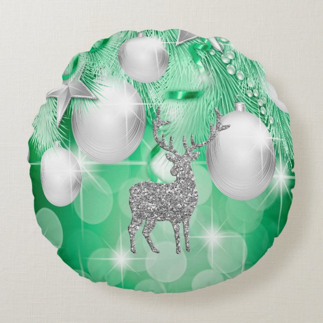Green Bokeh Ornament Balls Silver Rentier Rundes Kissen (Vorderseite)