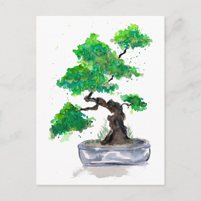 Green Bonsai Watercolor Postcard Postkarte (Vorderseite)