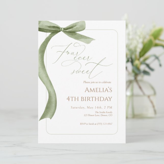 Green Bow 4th Birthday Invitation Four Ever Sweet Einladung (Stehend Vorderseite)