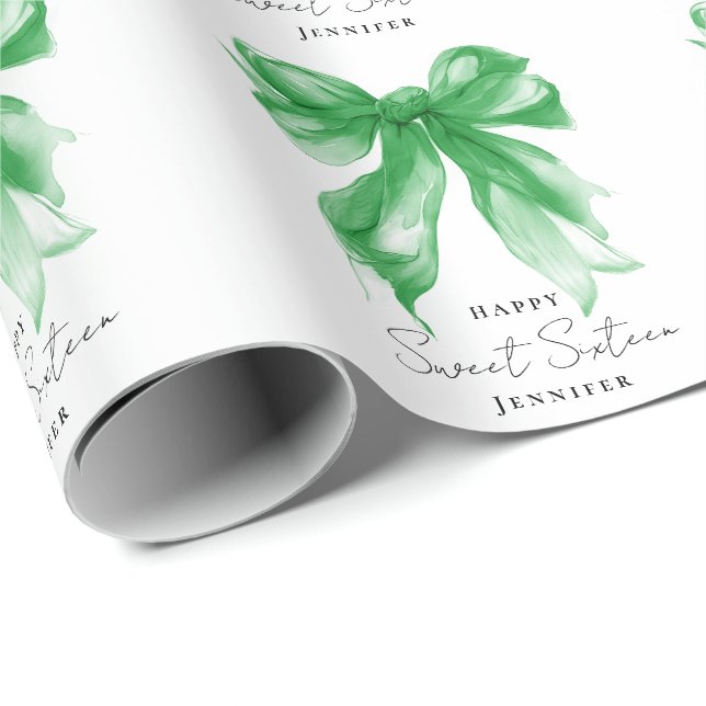 Green Bow Coquette Script Sweet 16 Party  Geschenkpapier (Rolleneckpunkt)