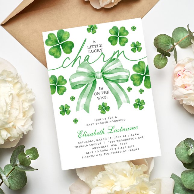 Green Bow Lucky Charm Baby Shower Einladung (Green Bow Lucky Charm Baby Shower Invitation
#luckycharmbabyshower
#stpatricksdaybabyshower)