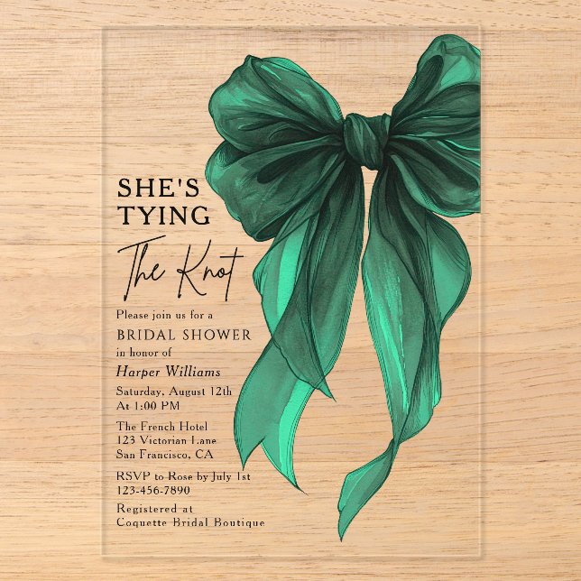 Green Bow She's Tying The Knot Bridal Shower Acryleinladungen (Vorderseite)