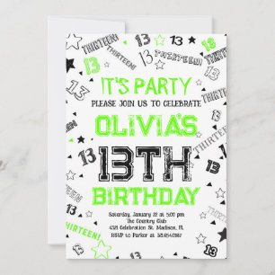 Green Boy Number Thirteen Birthday Party Einladung