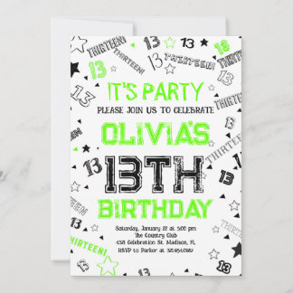 Green Boy Number Thirteen Birthday Party Einladung