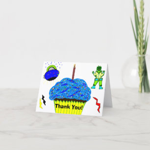 Green Boy Robot Blue Spaceship Cupcake Thank You Dankeskarte