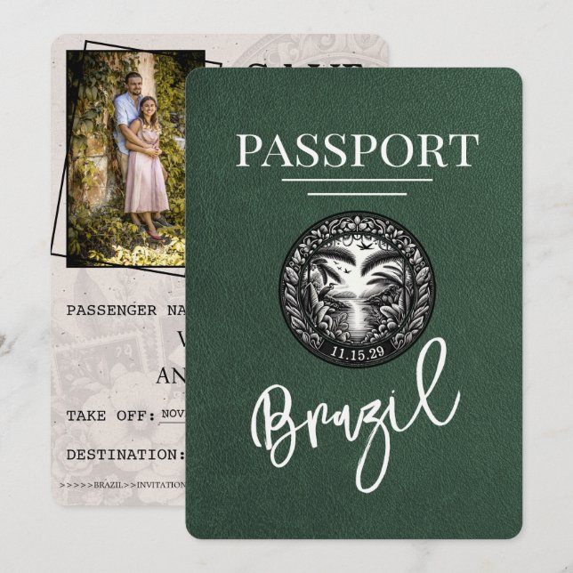 Green Brasilien Passport Save the Date (Vorne/Hinten)