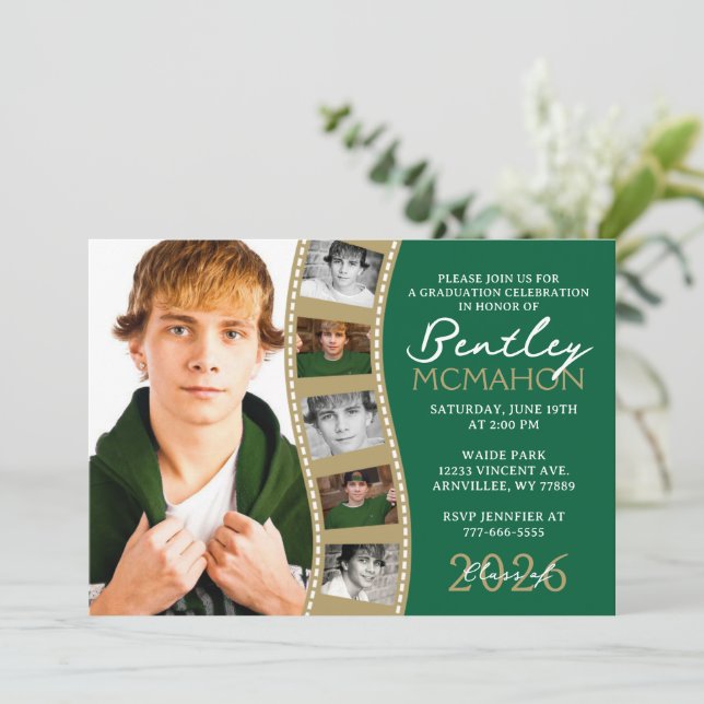 Green & Bronze Foto Filmstrip Abschluss Collage Einladung (Stehend Vorderseite)