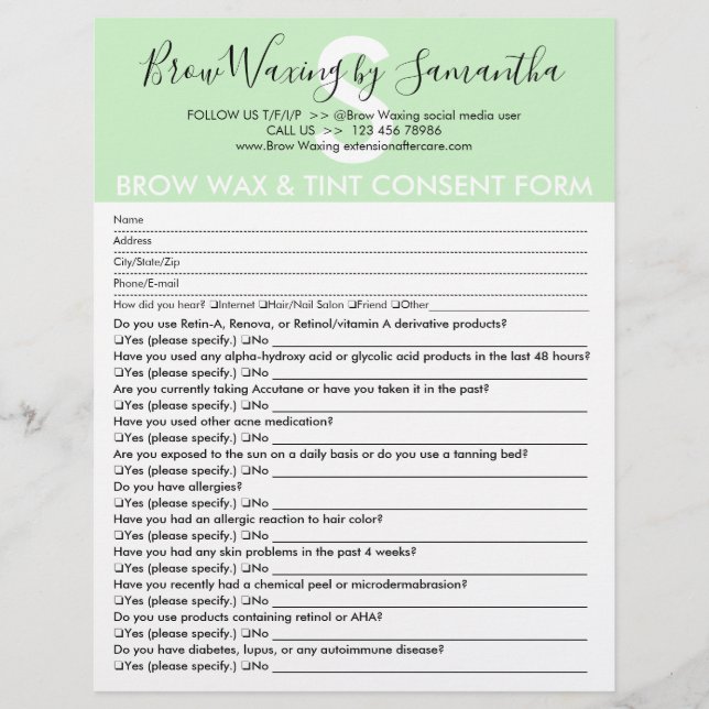 Green Brow Wax Tint-Kundeneinwilligungsformular Flyer (Vorne)