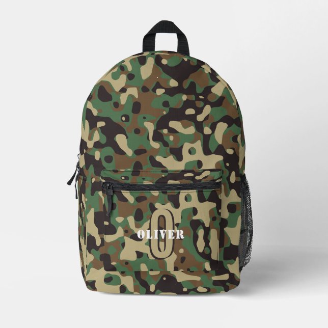 Green Brown Beige Camouflage Camouflage Monogram N Bedruckter Rucksack (Vorderseite)