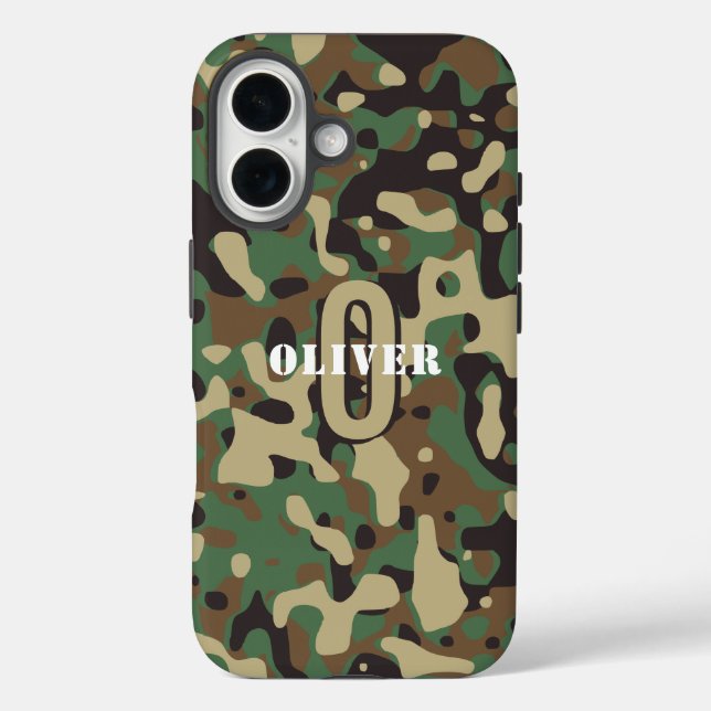 Green Brown Beige Camouflage Camouflage Monogram N iPhone 16 Hülle (Rückseite)