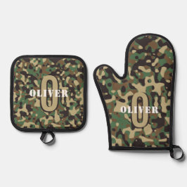 Green Brown Beige Camouflage Camouflage Monogram N Ofenhandschuh & Topflappen-Set