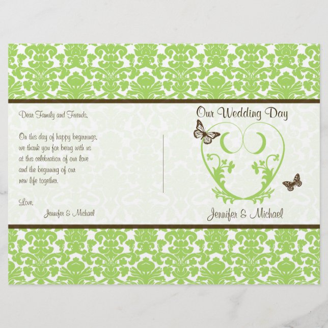 Green Brown Damask Heart Butterfly Wedding Program (Vorderseite)