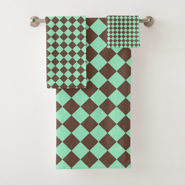Green Brown Diamond Schachbrett Muster Badhandtuch Set (Insitu)