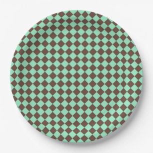Green Brown Diamond Schachbrett Muster Pappteller