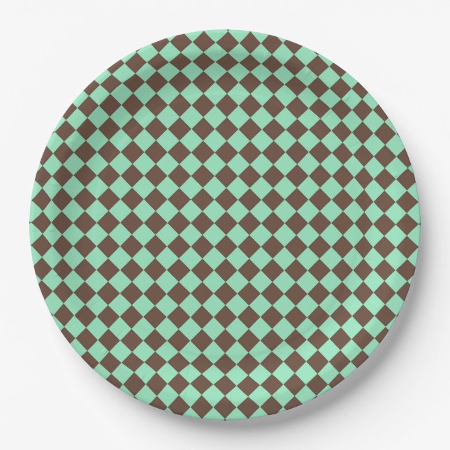 Green Brown Diamond Schachbrett Muster Pappteller (Vorderseite)