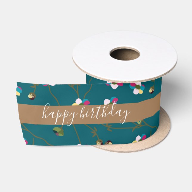 Green Brown Floral Custom Design Happy Birthday Satinband (Spule)