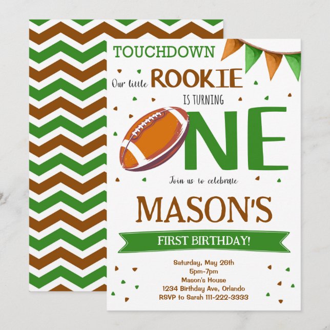 Green Brown Football 1. Geburtstag Einladung (Vorne/Hinten)