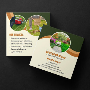 Green Brown Lawn Care Landscaping Mowing 3 Foto Quadratische Visitenkarte