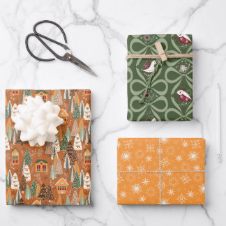 Green Brown Orange Christmas Forest Village Geschenkpapier Set