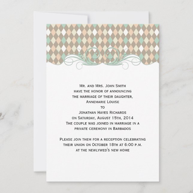 Green Brown Peach Harlequin Hochzeitsankündigung Einladung (Vorderseite)
