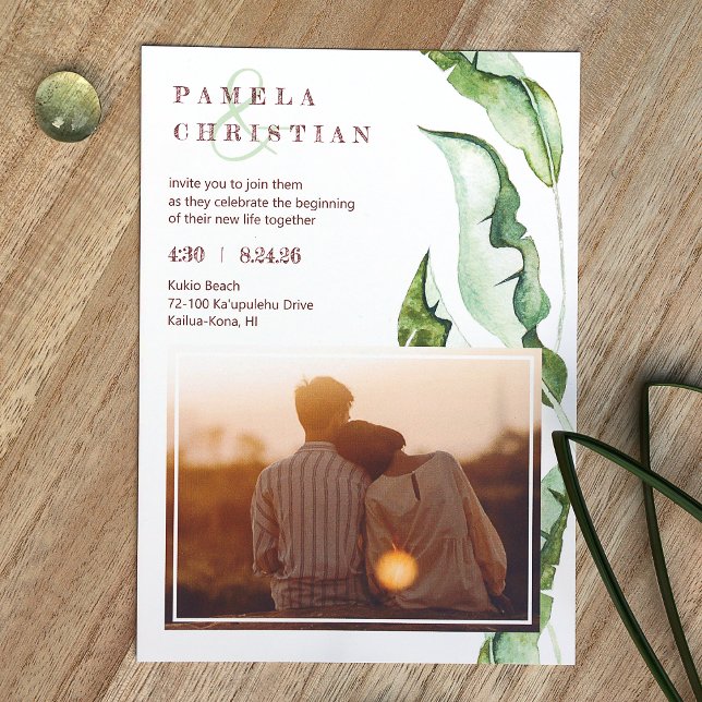 Green Brown Tropical Leaves Photo Wedding  Einladung (Light Green Tropical Leaves Photo Wedding Invitation, Sage Green and Brown Theme Colors)