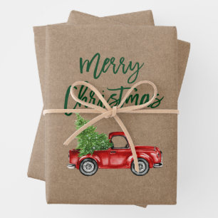 Green Brush Script Christmas Truck Kraft Style Geschenkpapier Set