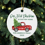 Green Brush Script First Christmas New Home Truck Keramik Ornament<br><div class="desc">Modern Brush Script Our First Christmas in our New Home Ornament includes Watercolor Vintage Red Truck with Christmas Tree - Forest Green Script</div>
