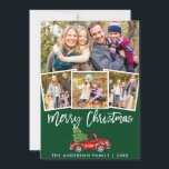 Green Brush Script Vintag Truck 4 Foto Feiertagskarte<br><div class="desc">Green Brush Script Wasserfarbe Vintag Red Truck mit Weihnachtsbaum 4 Foto Familie Frohe Weihnachtskarte</div>