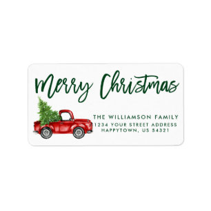 Green Brush Script Vintag Truck Weihnachten Adressaufkleber