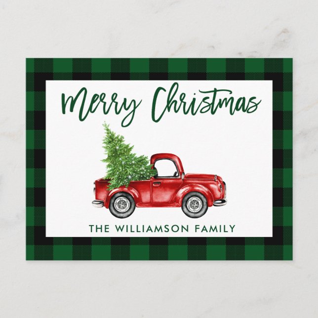Green Brush Script Vintag Truck Weihnachten Karier Postkarte (Vorderseite)