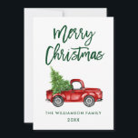 Green Brush Script Vintag Truck Weihnachtsbaum Feiertagskarte<br><div class="desc">Brush Script Wasserfarbe Vintag Red Truck mit Weihnachtsbaum - Frohe Weihnachtskarte</div>