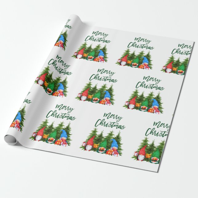 Green Brush Script Wasserfarben Gnomes Trees Geschenkpapier (Ungerollt)
