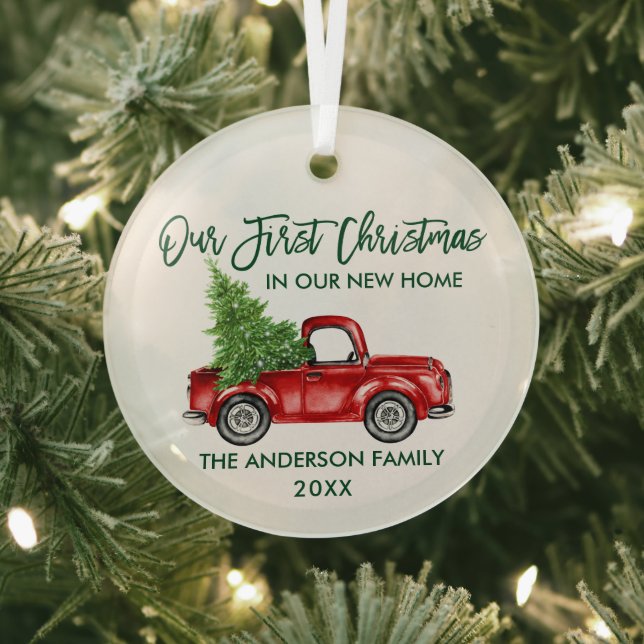 Green Brush Script Weihnachten Neue Zuhause Truck  Ornament Aus Glas (InSitu)