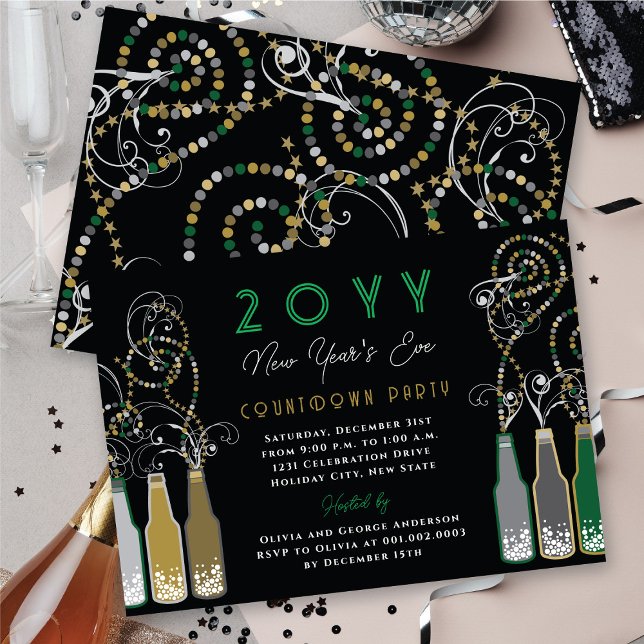 Green Bubbly Bottles Wirbel Silvester Party Einladung (Green Bubbly Bottles Swirls New Year's Eve Party Invitation @ fat_fa_tin)